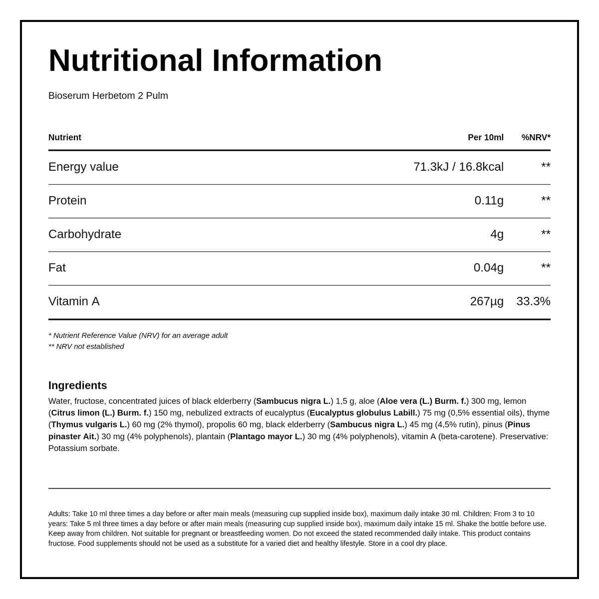 Bioserum Herbetom 2 Pulm — nutrition information panel, generated from the pack