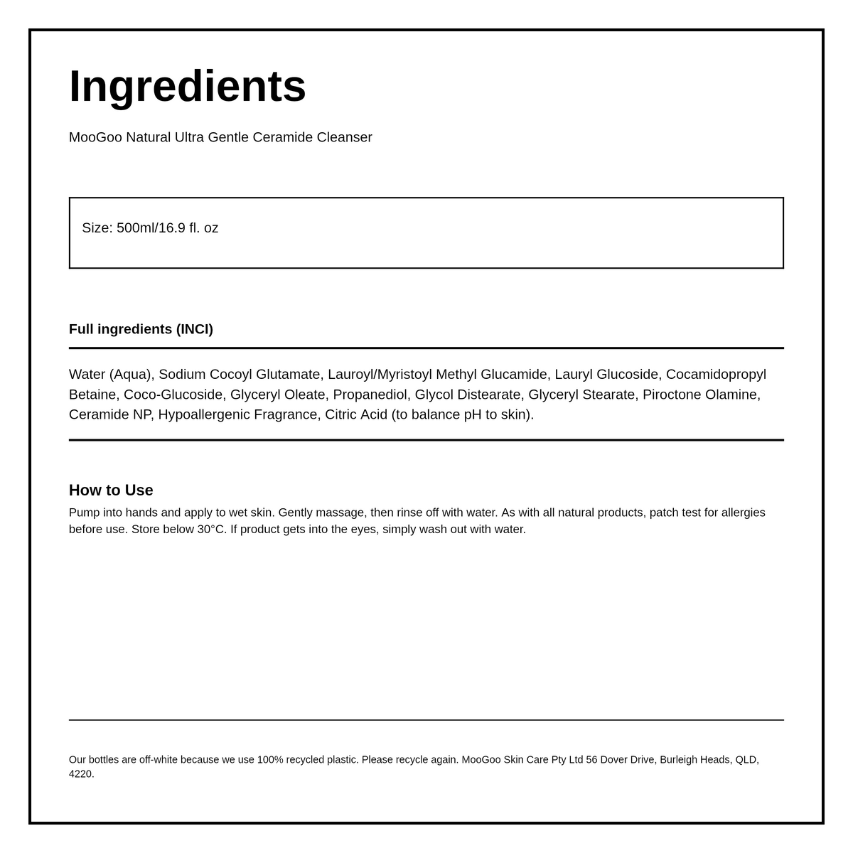 MooGoo Natural Ultra Gentle Cleanser With Ceramides — ingredients (INCI) panel, generated from the pack