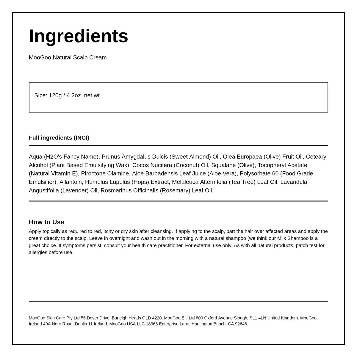 MooGoo Natural Scalp Cream — ingredients (INCI) panel, generated from the pack
