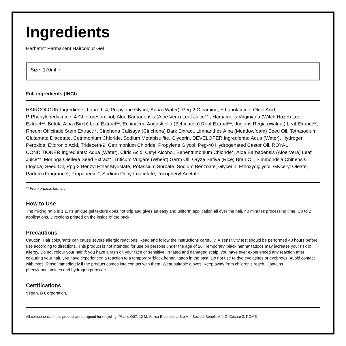 Herbatint Dark Chestnut Ammonia Free hair Colour 3N — ingredients (INCI) panel, generated from the pack