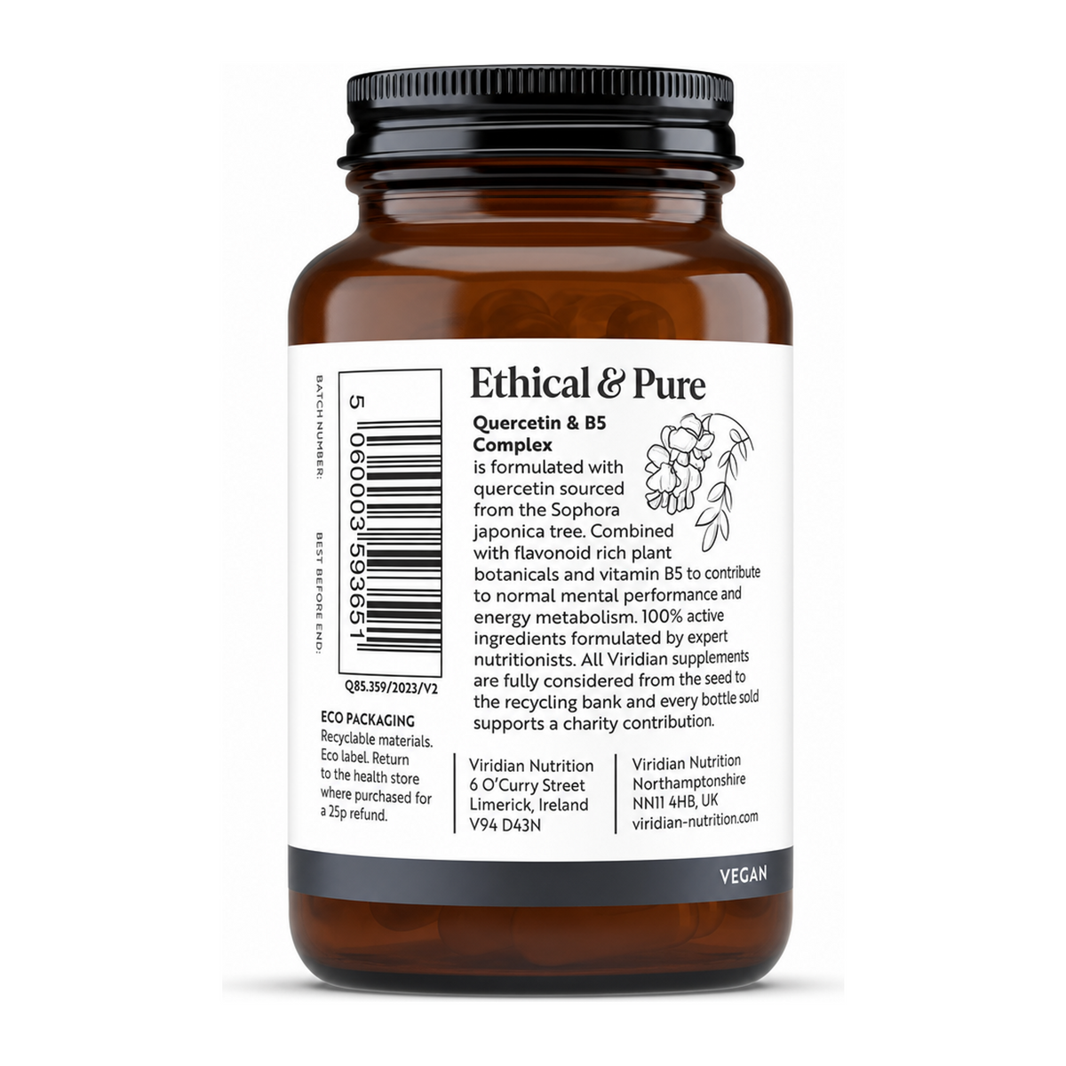 Viridian Quercetin B5 Plus Complex by Viridian Natural Remedies — back view showing ingredients and product details, studio product photo on white background