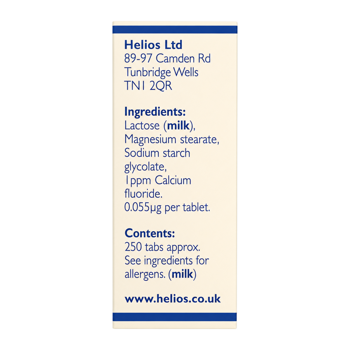 Helios Tissue Salts No 1 Calc Fluor by Helios Natural Remedies — ingredients side panel, studio product photo on white background