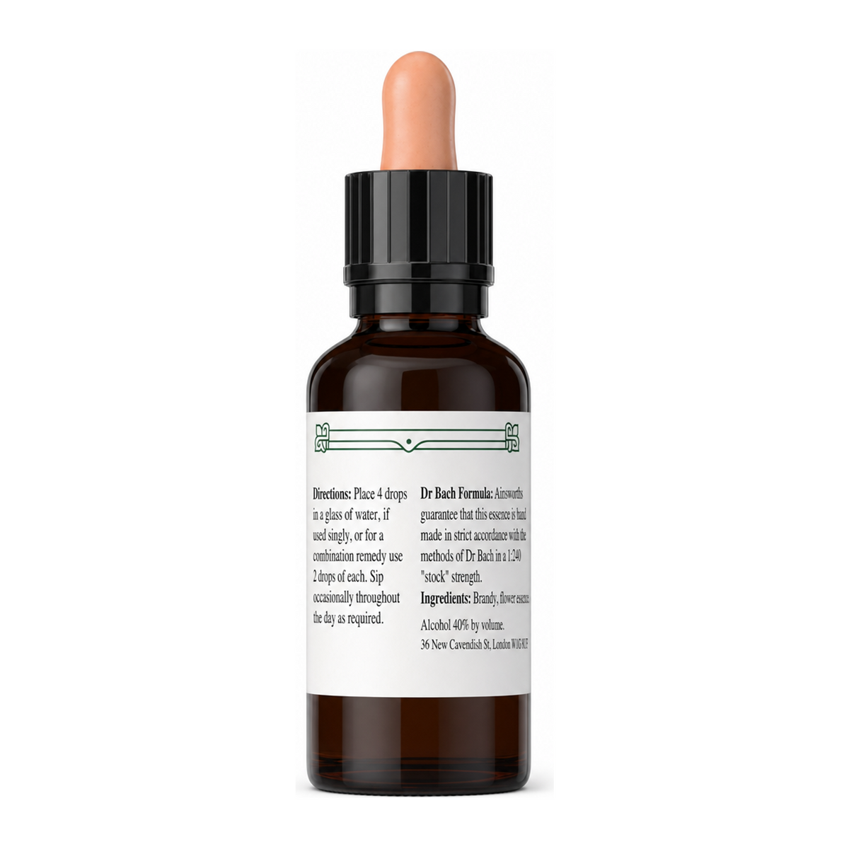 Dr Bach Hornbeam Bach Flower Remedy by Ainsworths Natural Remedies — back view showing ingredients and product details, studio product photo on white background