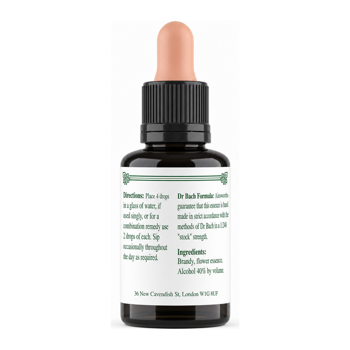 Dr Bach Larch Bach Flower Remedy by Ainsworths Natural Remedies — back view showing ingredients and product details, studio product photo on white background