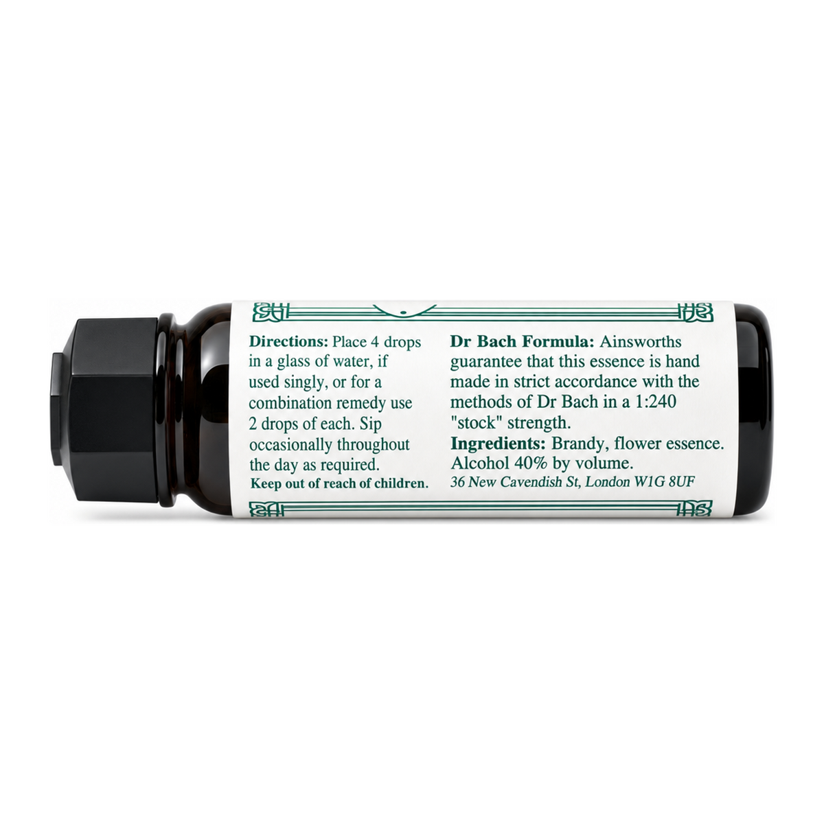 Dr Bach Holly Bach Flower Remedy by Ainsworths Natural Remedies — back view showing ingredients and product details, studio product photo on white background