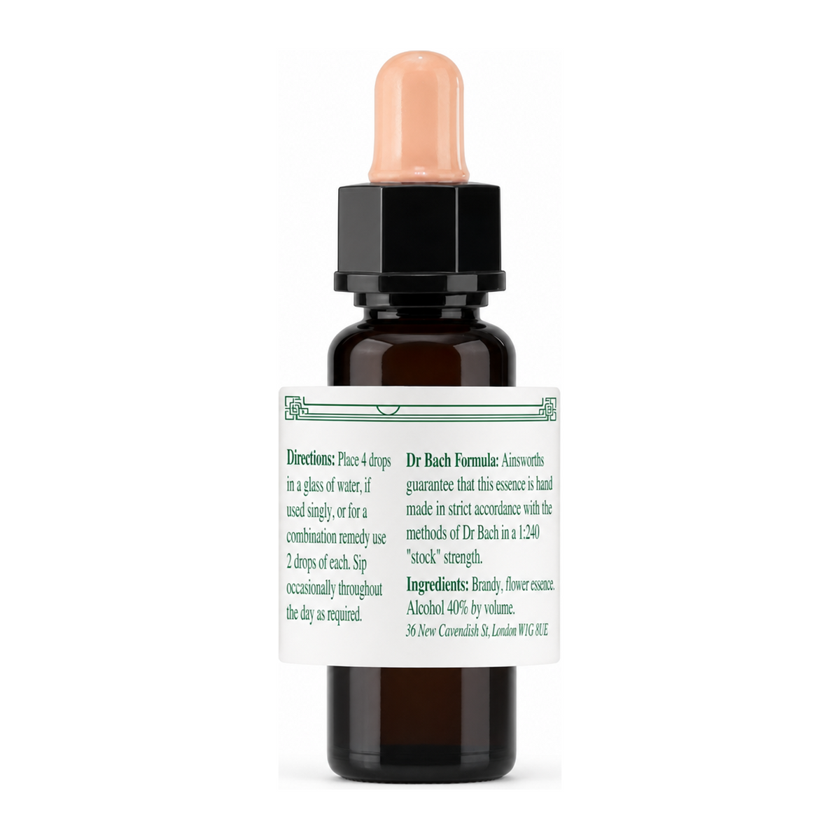 Dr Bach Star of Bethlehem Bach Flower Remedy by Ainsworths Natural Remedies — back view showing ingredients and product details, studio product photo on white background