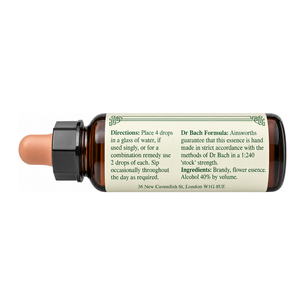 Dr Bach Red Chestnut Bach Flower Remedy by Ainsworths Natural Remedies — back view showing ingredients and product details, studio product photo on white background