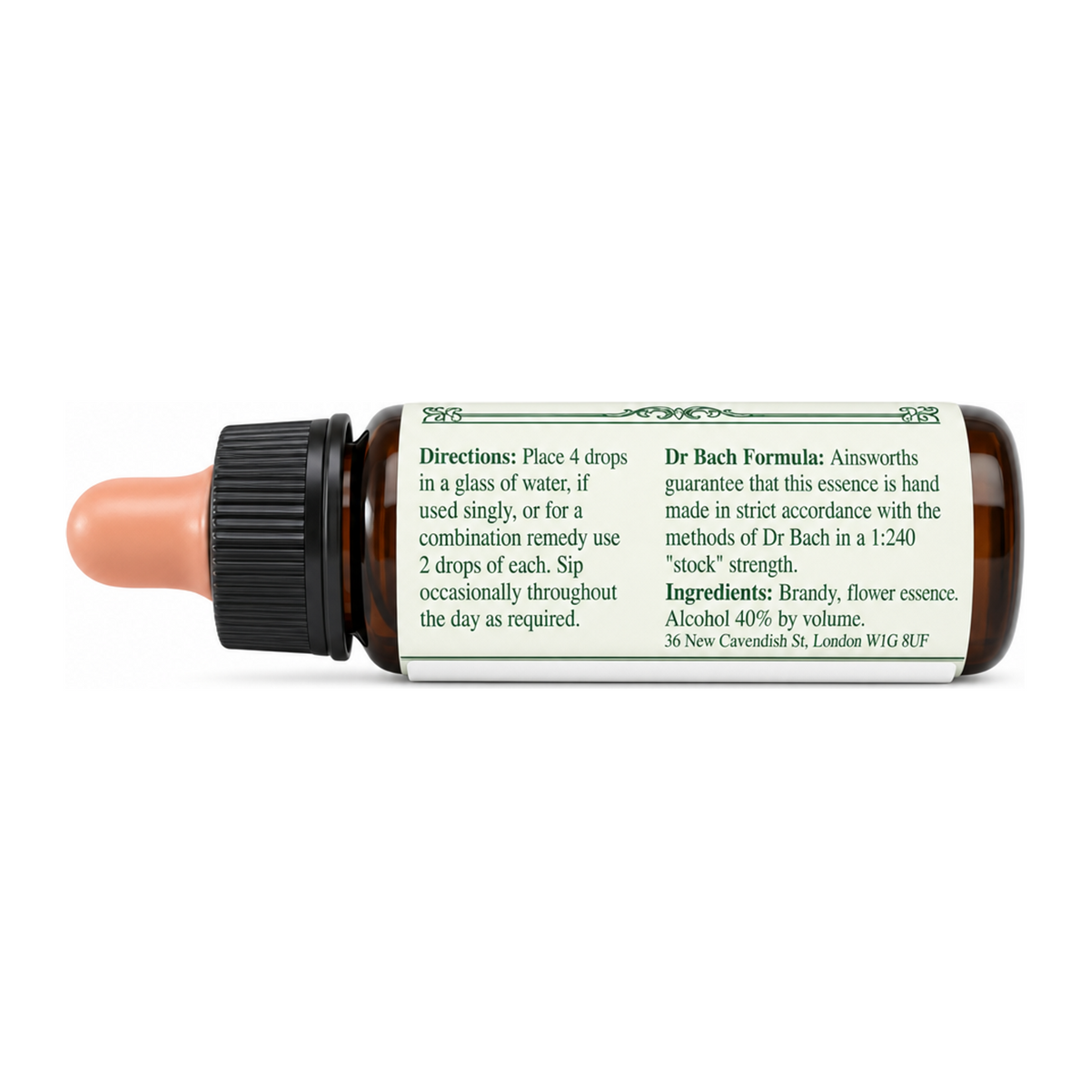 Dr Bach Pine Bach Flower Remedy by Ainsworths Natural Remedies — back view showing ingredients and product details, studio product photo on white background