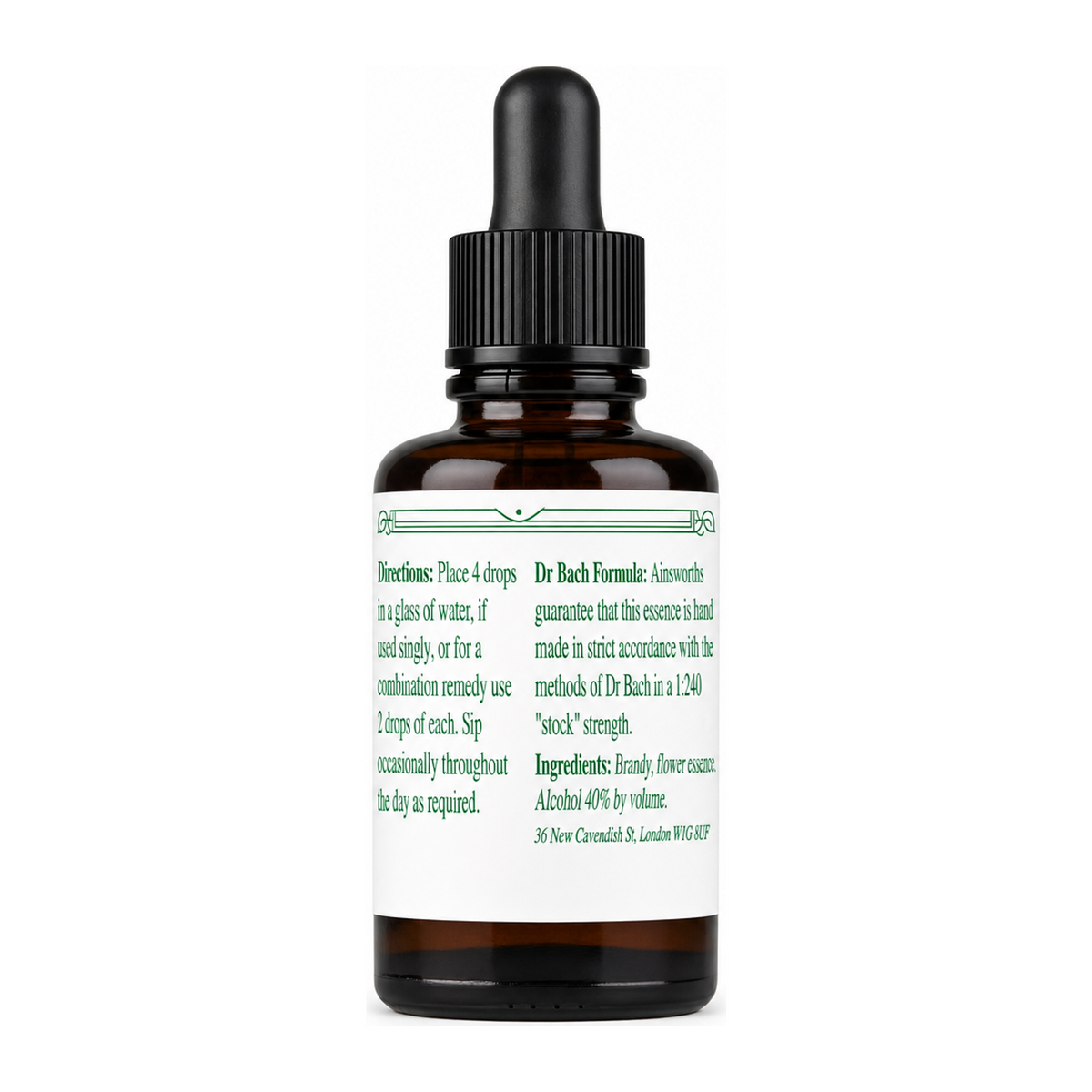 Dr. Bach Elm Flower Remedy by Ainsworths Natural Remedies — back view showing ingredients and product details, studio product photo on white background