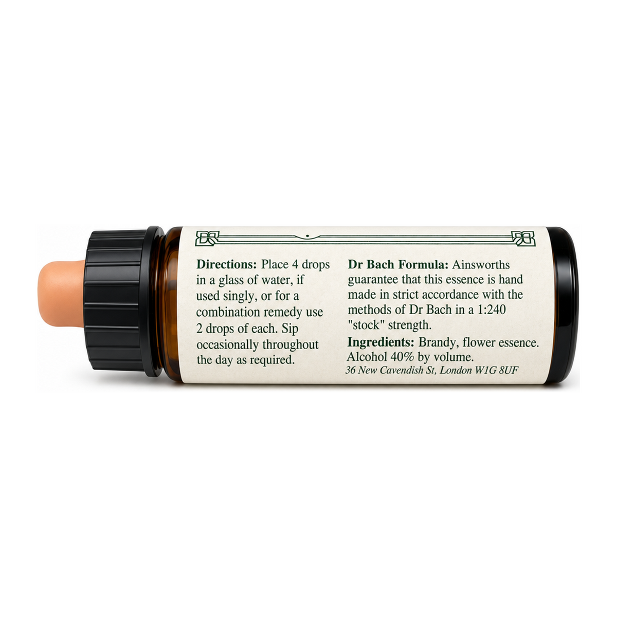 Dr Bach Vine Bach Flower Remedy by Ainsworths Natural Remedies — back view showing ingredients and product details, studio product photo on white background