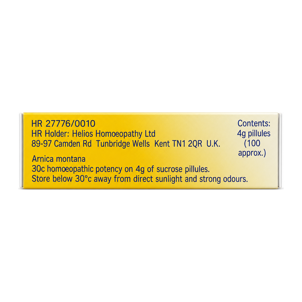 Helios ARNICA 30c by Helios Homoeopathy Natural Remedies — back view showing ingredients and product details, studio product photo on white background
