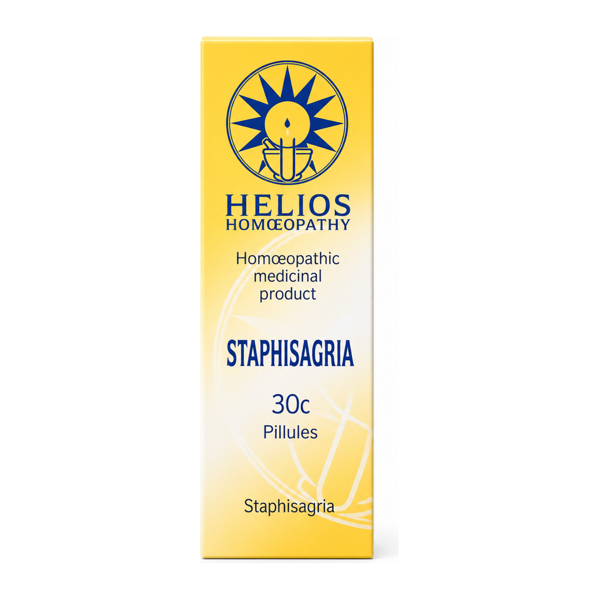 Helios STAPHISAGRIA 30c by Helios Homoeopathy Natural Remedies — front view showing product label and branding, studio product photo on white background
