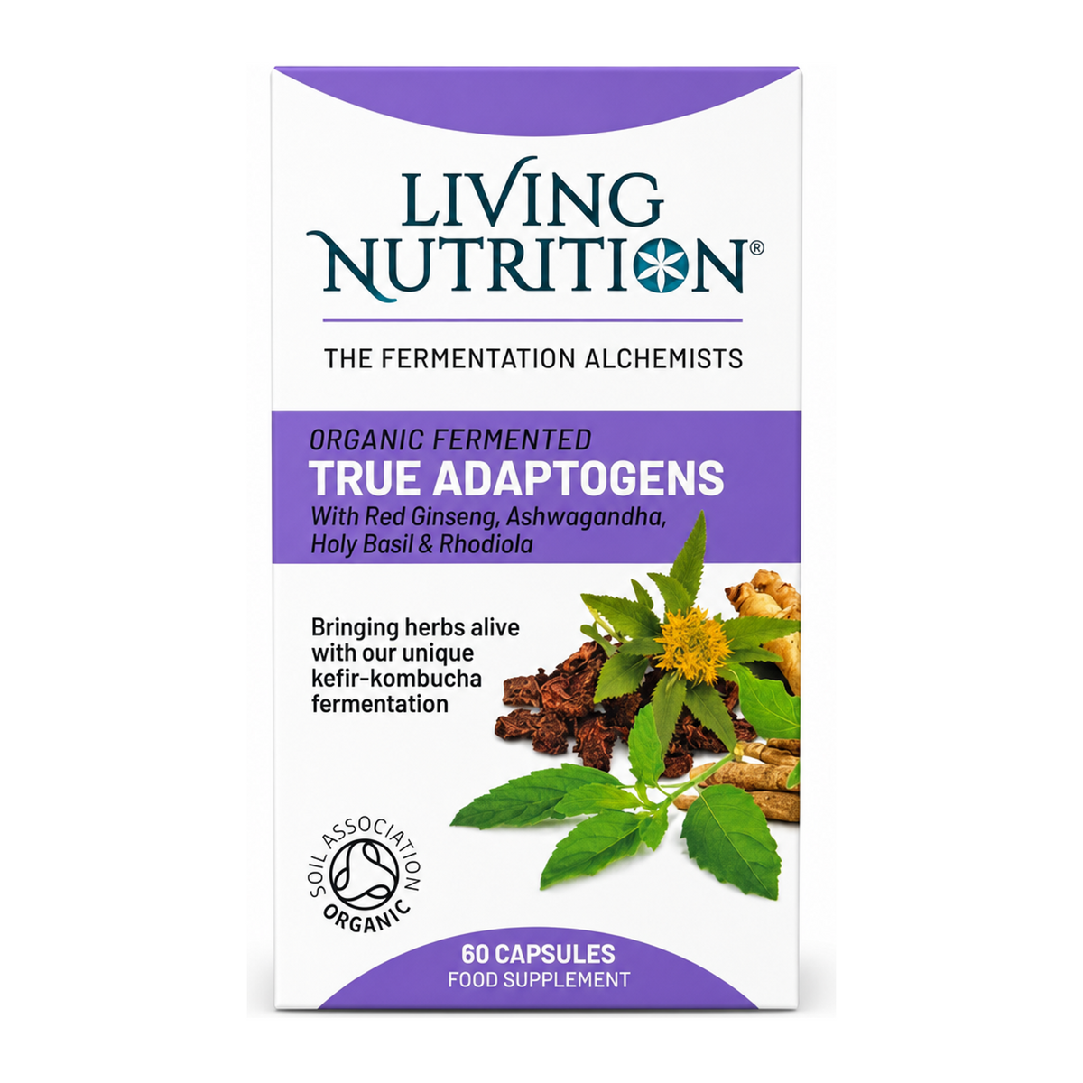 Living Nutrition Organic Fermented True Adaptogens by Living Nutrition Natural Remedies — front view showing product label and branding, studio product photo on white background
