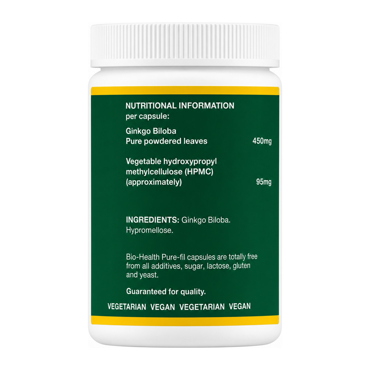 Bio Health Ginkgo Leaf Capsules by Bio-Health Natural Remedies — nutrition facts side panel, studio product photo on white background