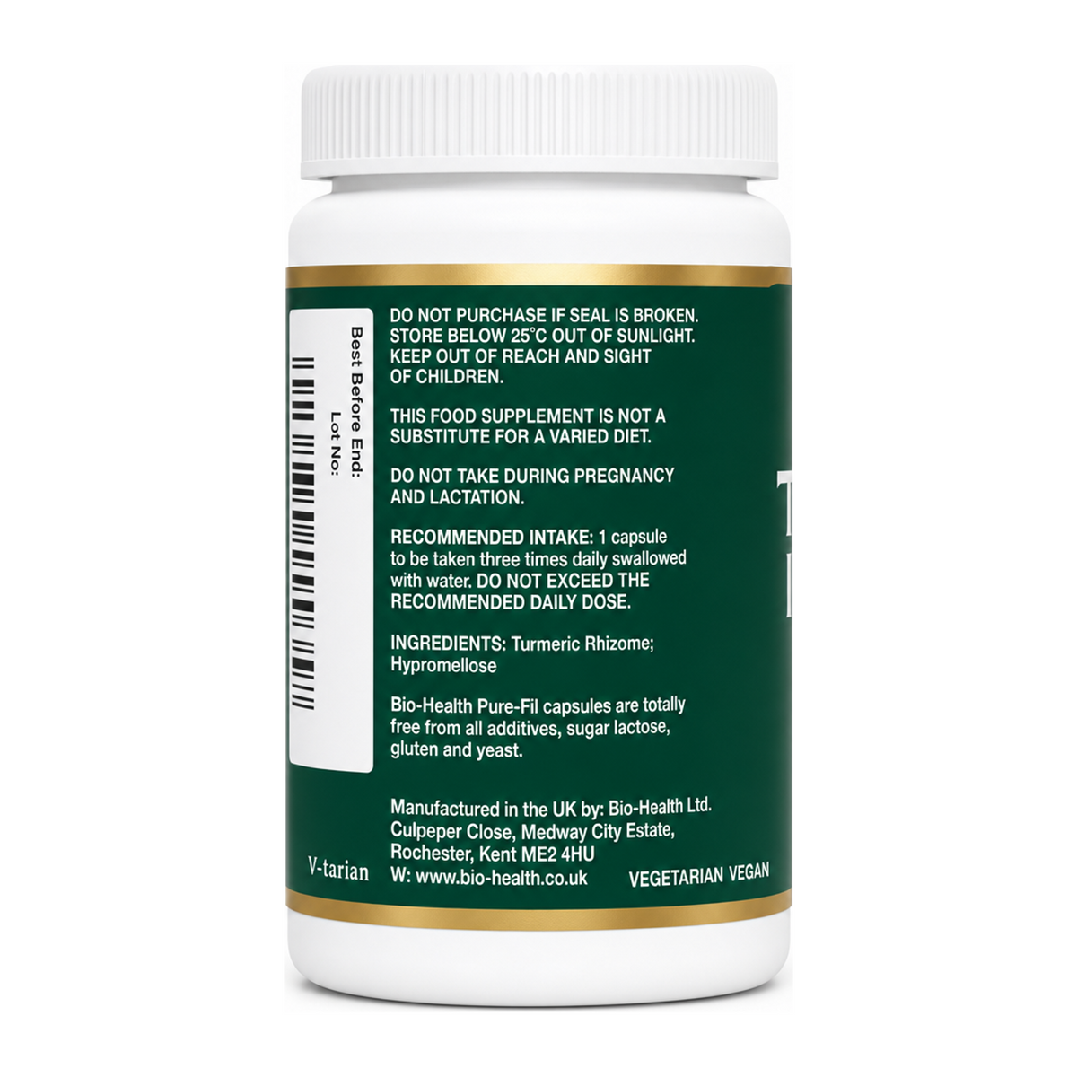 Bio Health Turmeric Rhizome Capsules by Bio-Health Natural Remedies — back view showing ingredients and product details, studio product photo on white background