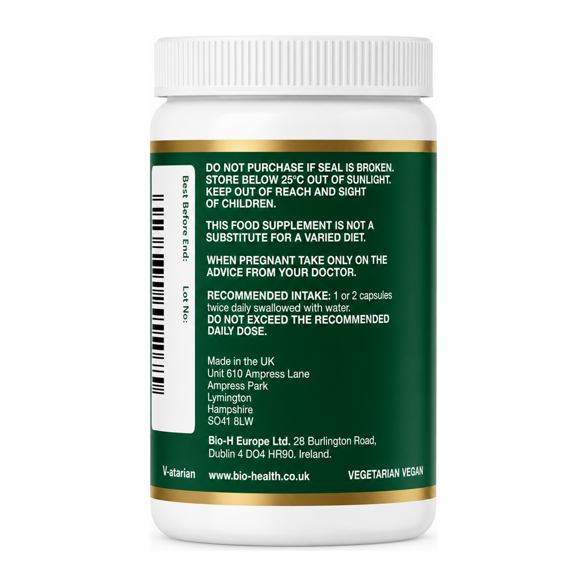 Bio Health Ginger Root Capsules by Bio-Health Natural Remedies — back view showing ingredients and product details, studio product photo on white background