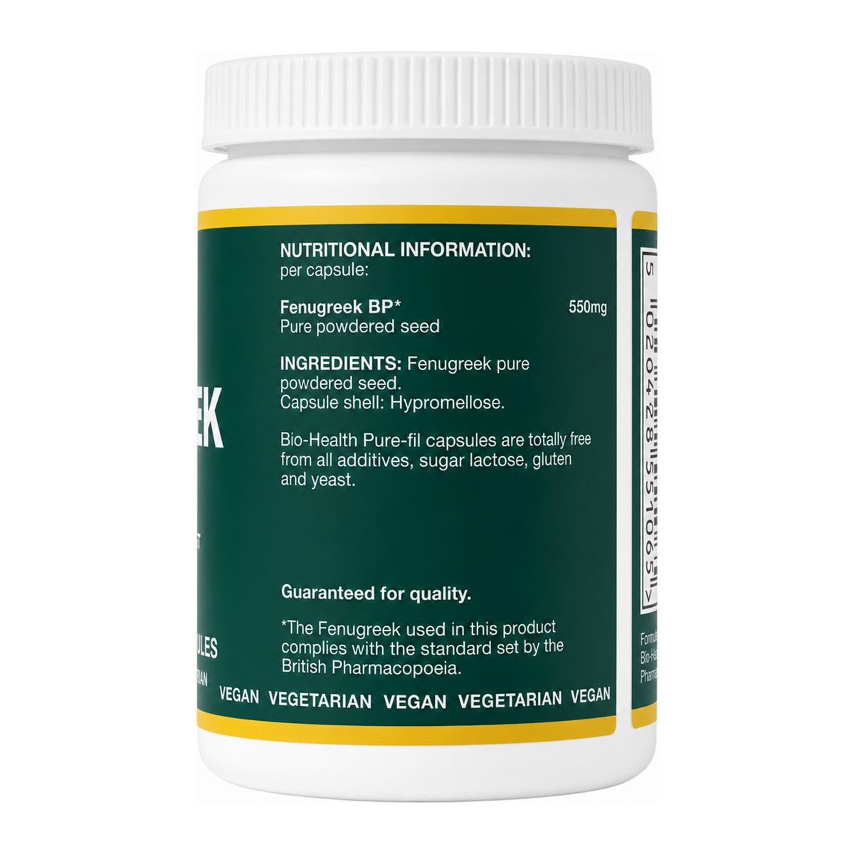 Bio Health Fenugreek Seed Capsules by Bio-Health Natural Remedies — ingredients side panel, studio product photo on white background