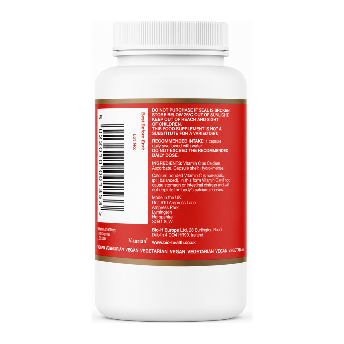 Bio Health Buffered Vitamin C 500mg Capsules by Bio-Health Natural Remedies — back view showing ingredients and product details, studio product photo on white background