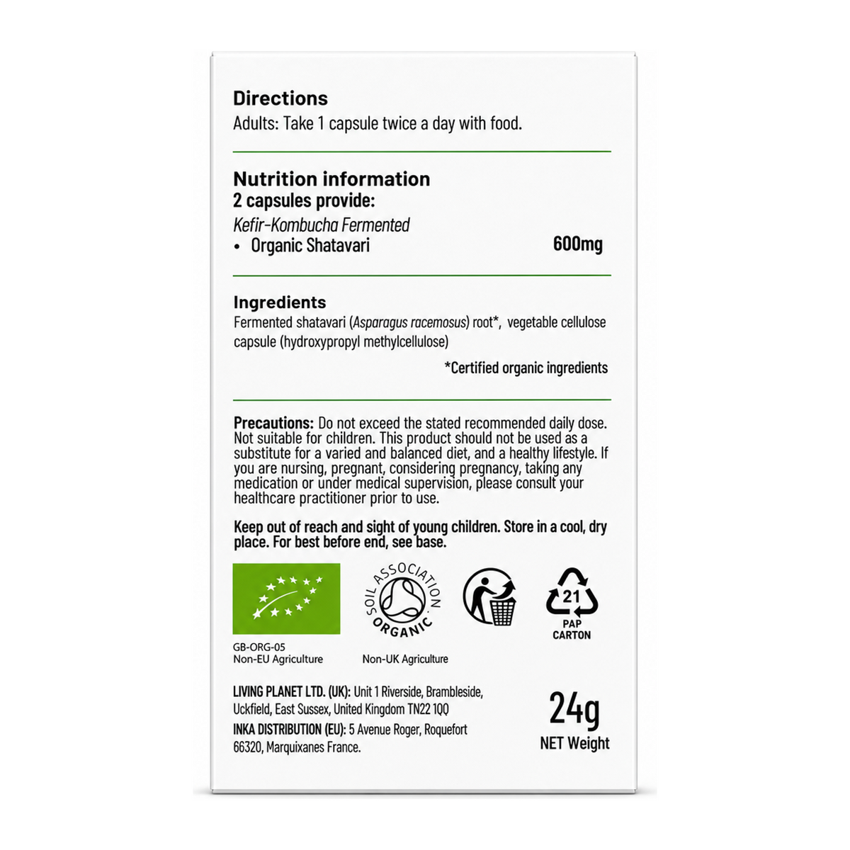 Living Nutrition Organic Fermented Shatavari by Living Nutrition Natural Remedies — back view showing ingredients and product details, studio product photo on white background