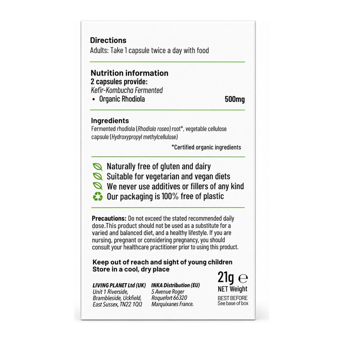 Living Nutrition Organic Fermented Rhodiola by Living Nutrition Natural Remedies — back view showing ingredients and product details, studio product photo on white background