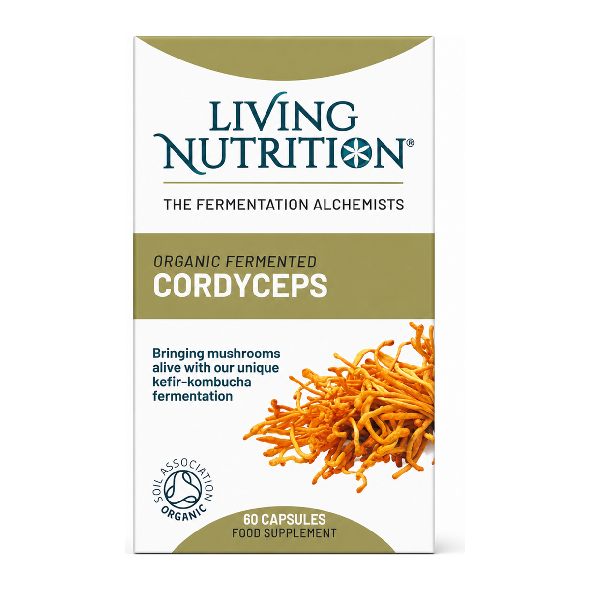 Living Nutrition Organic Fermented Cordyceps 60 caps by Living Nutrition — front view showing product label and branding, studio product photo on white background