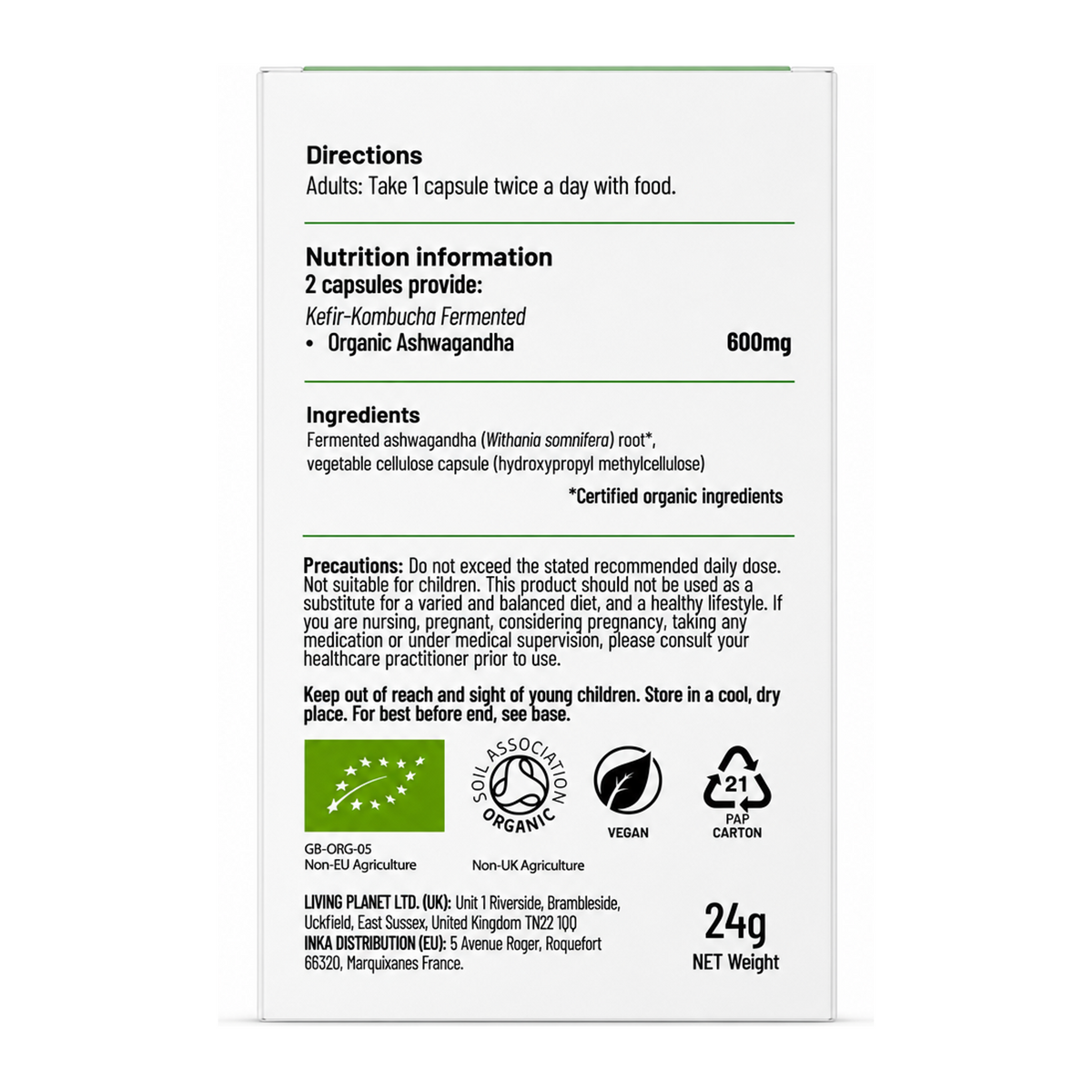 Living Nutrition Organic Fermented Ashwagandha by Living Nutrition Natural Remedies — back view showing ingredients and product details, studio product photo on white background