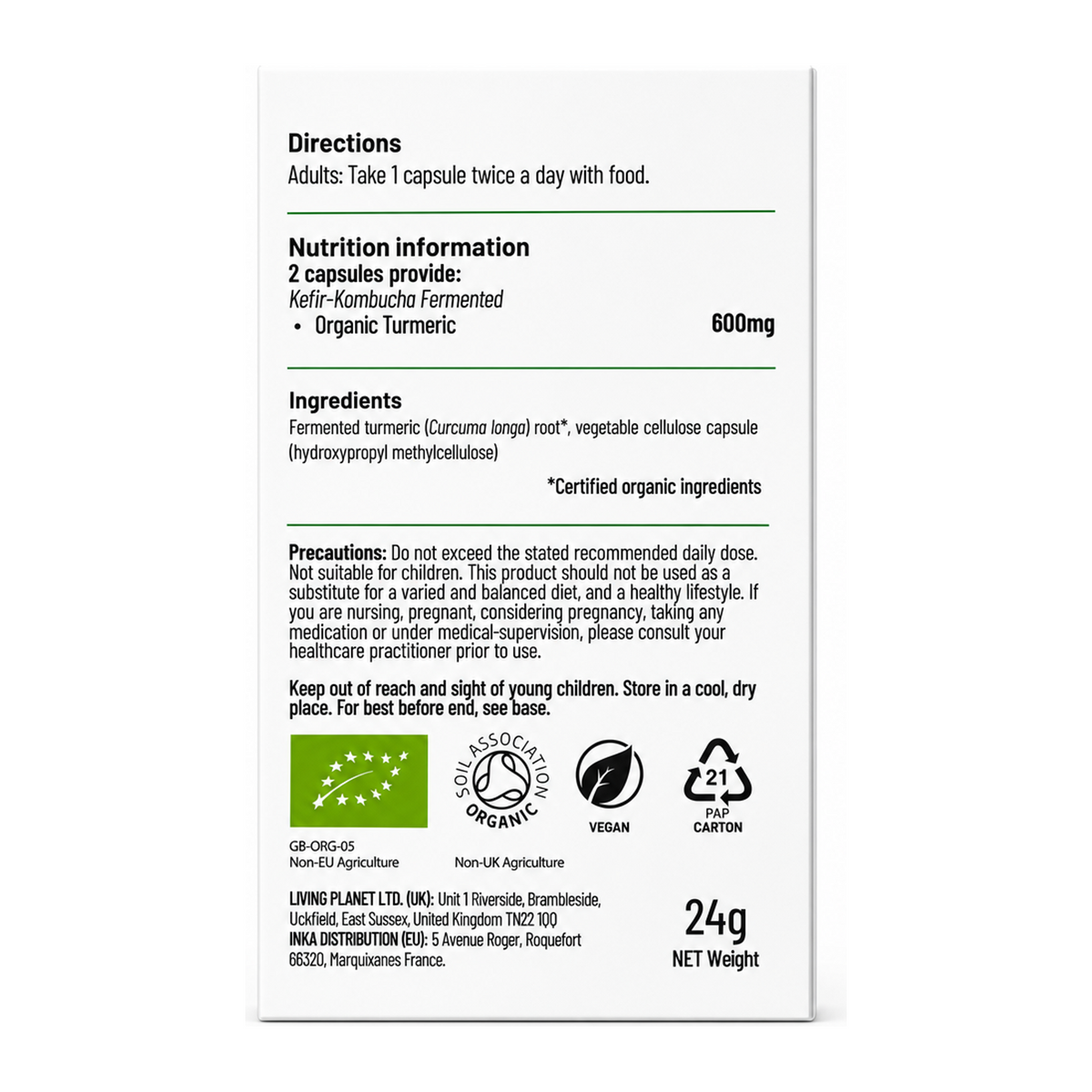 Living Nutrition Organic Fermented Turmeric by Living Nutrition Natural Remedies — back view showing ingredients and product details, studio product photo on white background