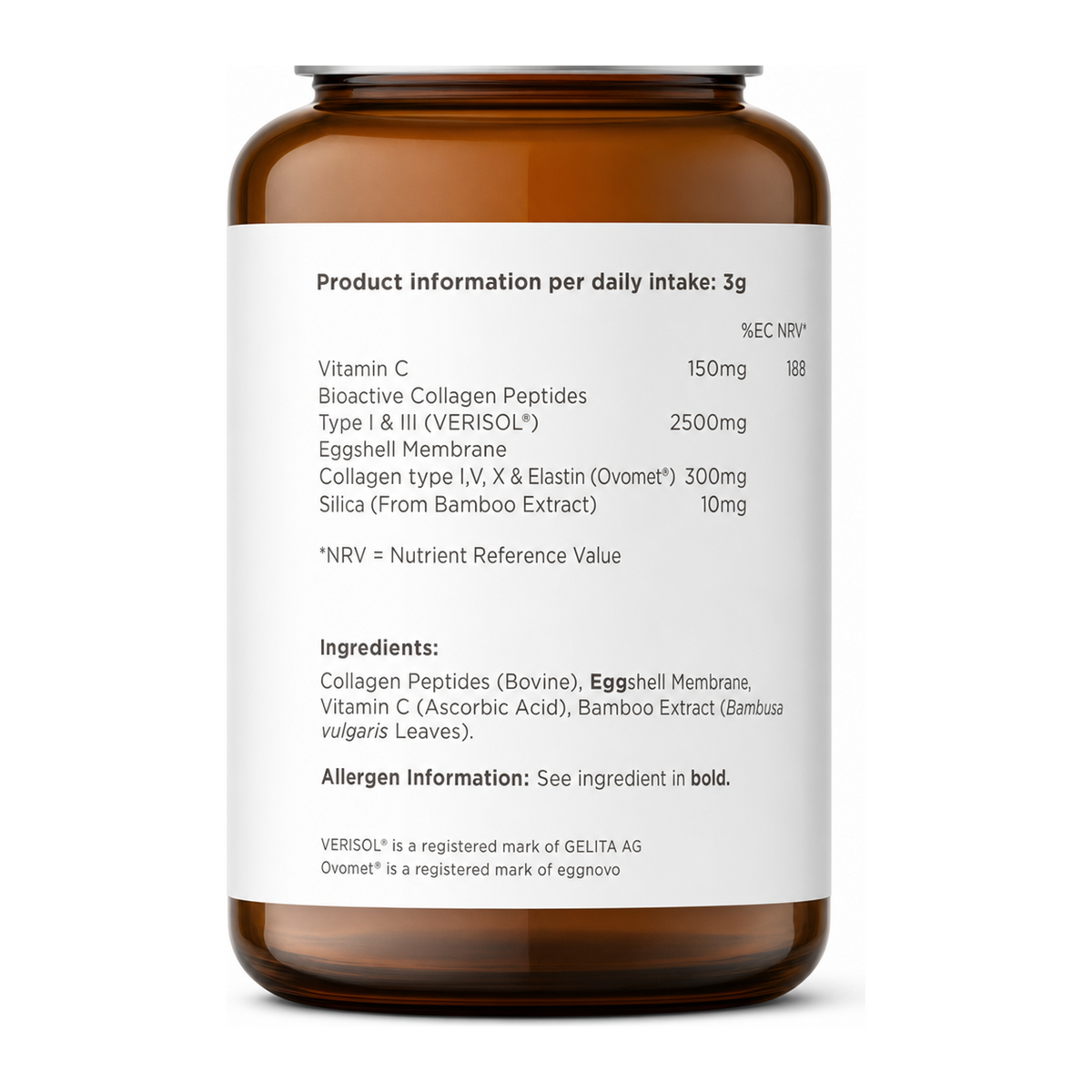 Biocare Complete Collagen Powder by BioCare Vitamin & Mineral Supplements — nutrition facts side panel, studio product photo on white background