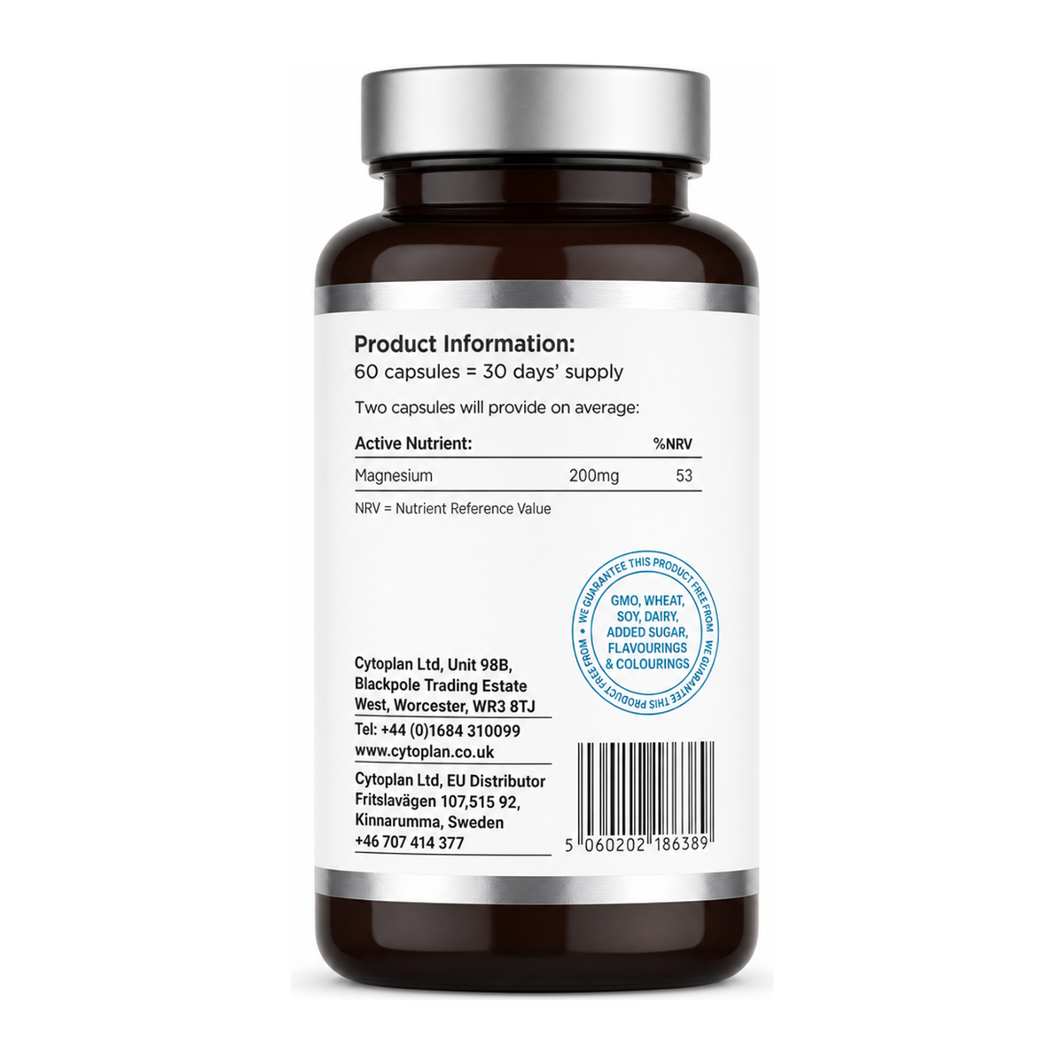 Cytoplan Magnesium Bisglycinate 120mg 60vcaps by Cytoplan Natural Remedies — back view showing ingredients and product details, studio product photo on white background