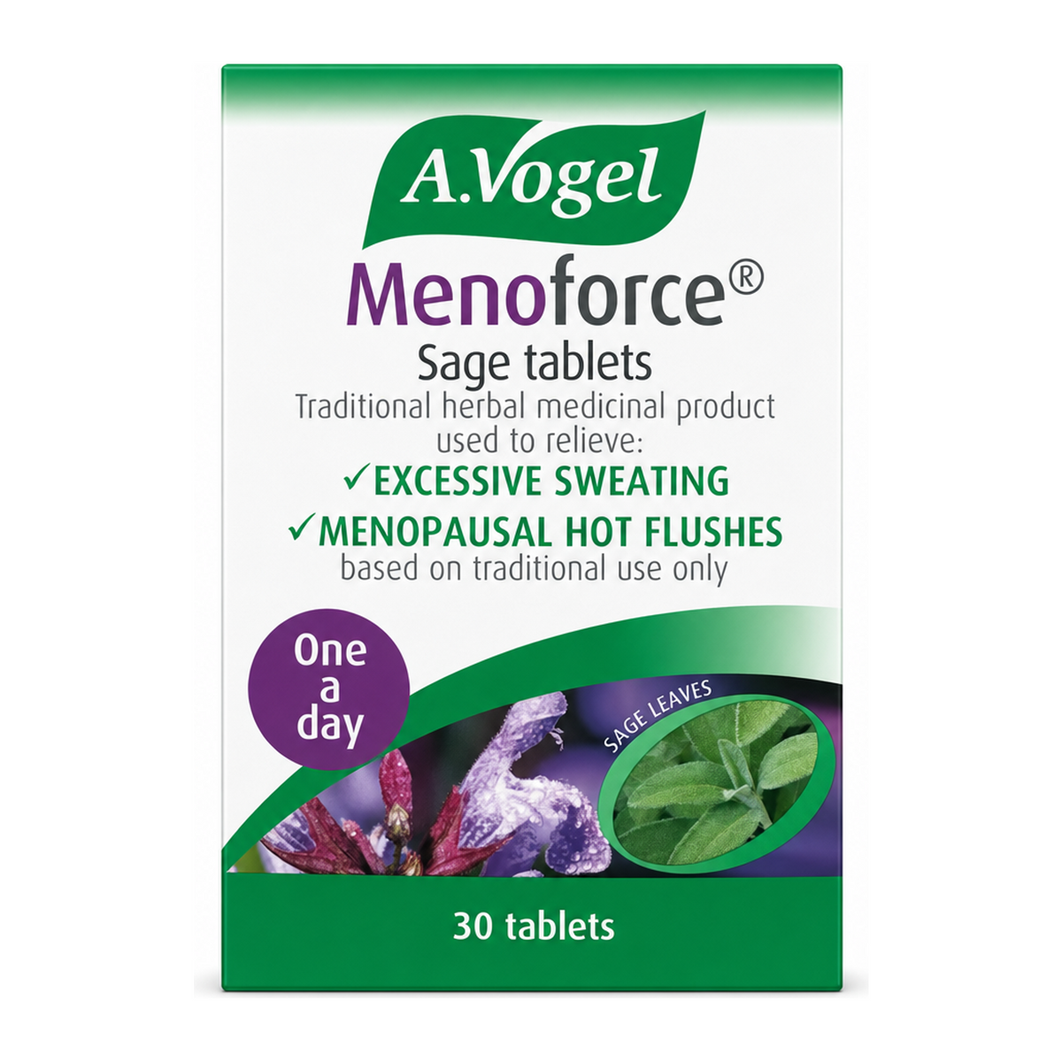 A.Vogel Menoforce Sage 30 tablets by A.Vogel Natural Remedies — front view showing product label and branding, studio product photo on white background