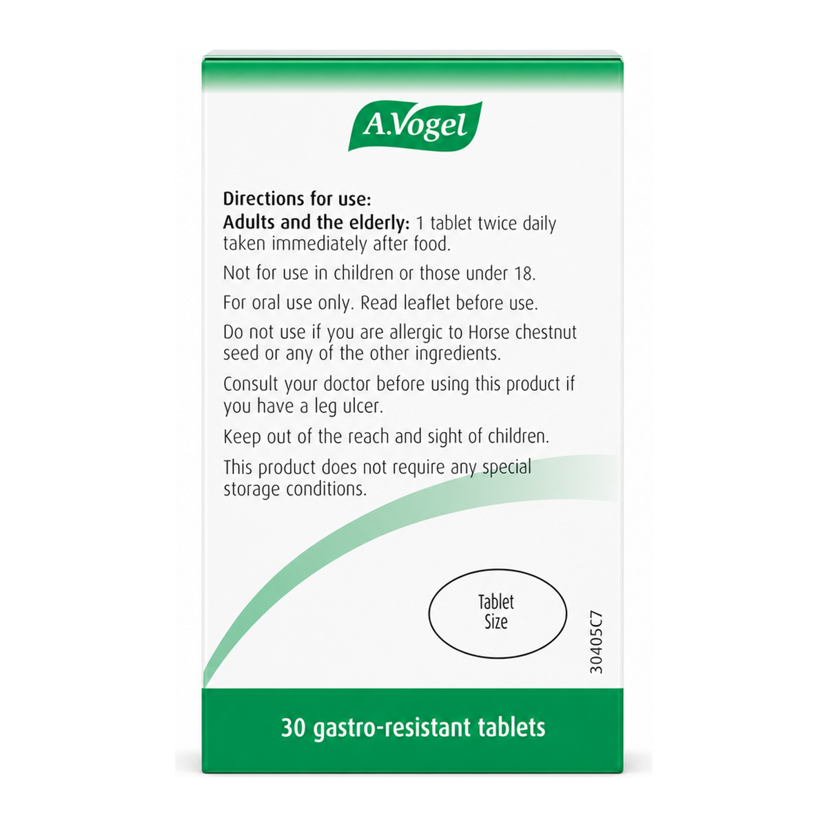 A.Vogel Venaforce Horse Chestnut Tablets by A.Vogel Natural Remedies — back view showing ingredients and product details, studio product photo on white background