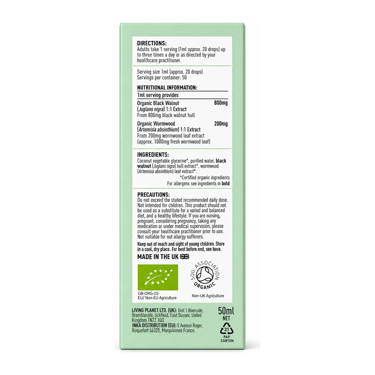 Botanicals For Life Organic Black Walnut & Wormwood Extract by Botanicals For Life Natural Remedies — back view showing ingredients and product details, studio product photo on white background