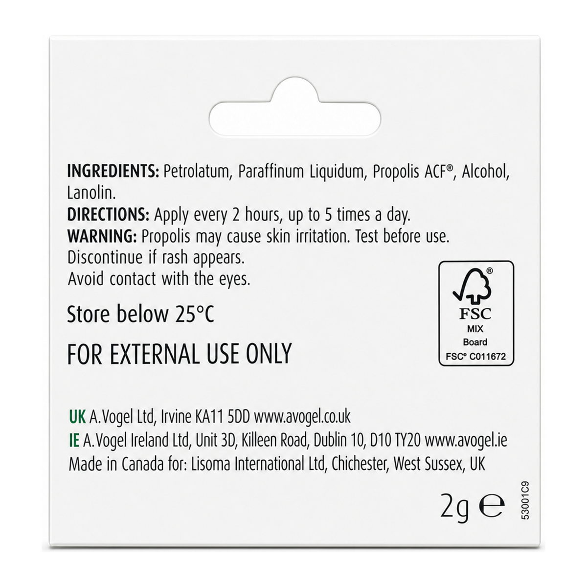 A.Vogel Bio-Propolis Cold Sore Care by A.Vogel Natural Remedies — back view showing ingredients and product details, studio product photo on white background