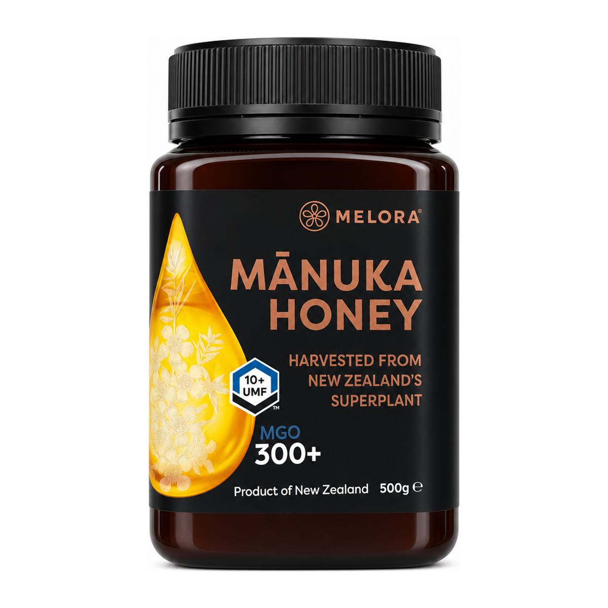 Melora Manuka Honey 300+MGO UMF10+ by Melora — front view showing product label and branding, studio product photo on white background