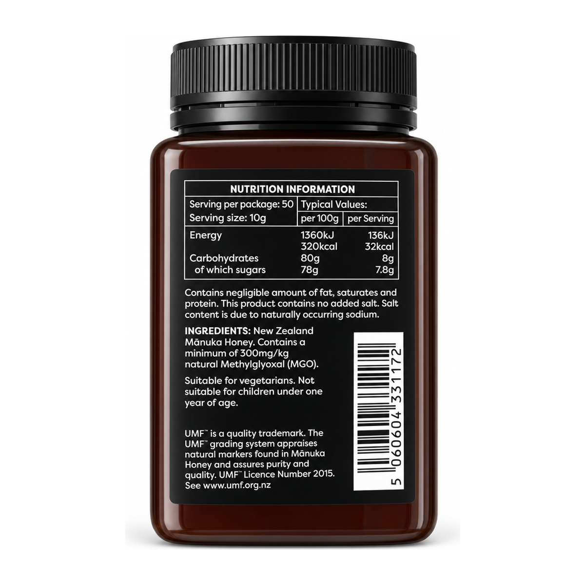 Melora Manuka Honey 300+MGO UMF10+ by Melora — back view showing ingredients and product details, studio product photo on white background