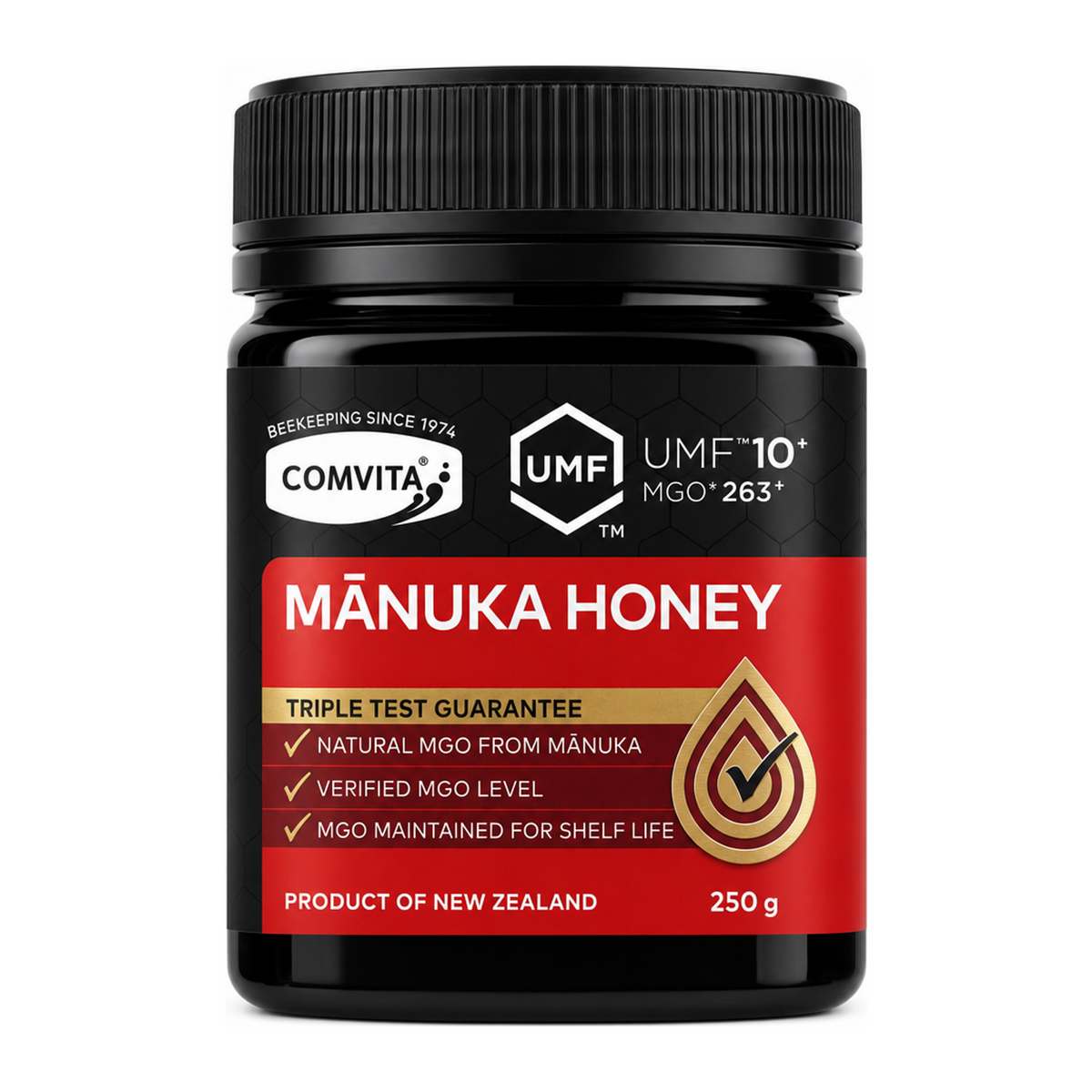 Comvita UMF 10+ Manuka Honey by Comvita Food & Drinks — front view showing product label and branding, studio product photo on white background
