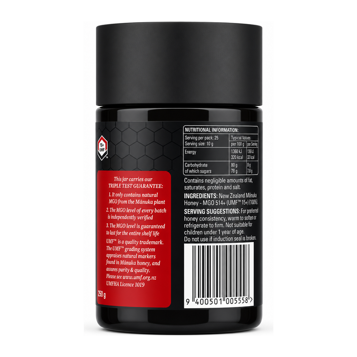 Comvita UMF 15+ Active Manuka Honey by Comvita Natural Remedies — back view showing ingredients and product details, studio product photo on white background