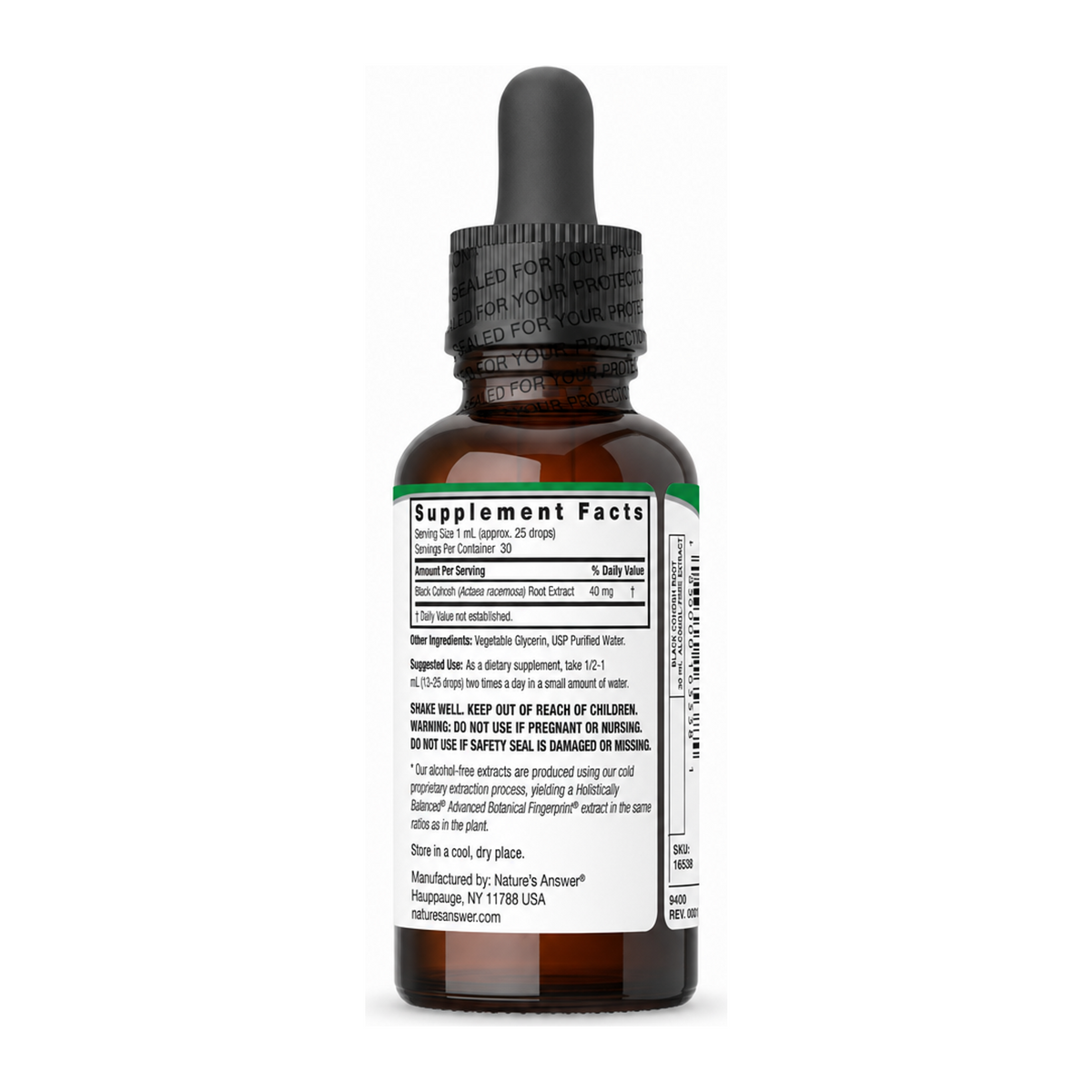 NATURE'S ANSWER Black Cohosh Root 30ml AF by Nature's Answer Vitamin & Mineral Supplements — back view showing ingredients and product details, studio product photo on white background