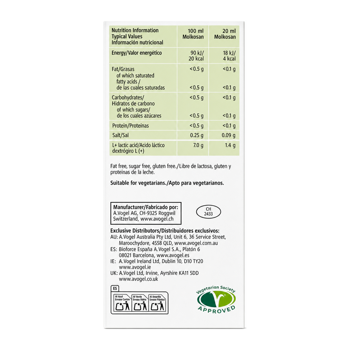A Vogel Molkosan by A.Vogel Natural Remedies — nutrition facts side panel, studio product photo on white background