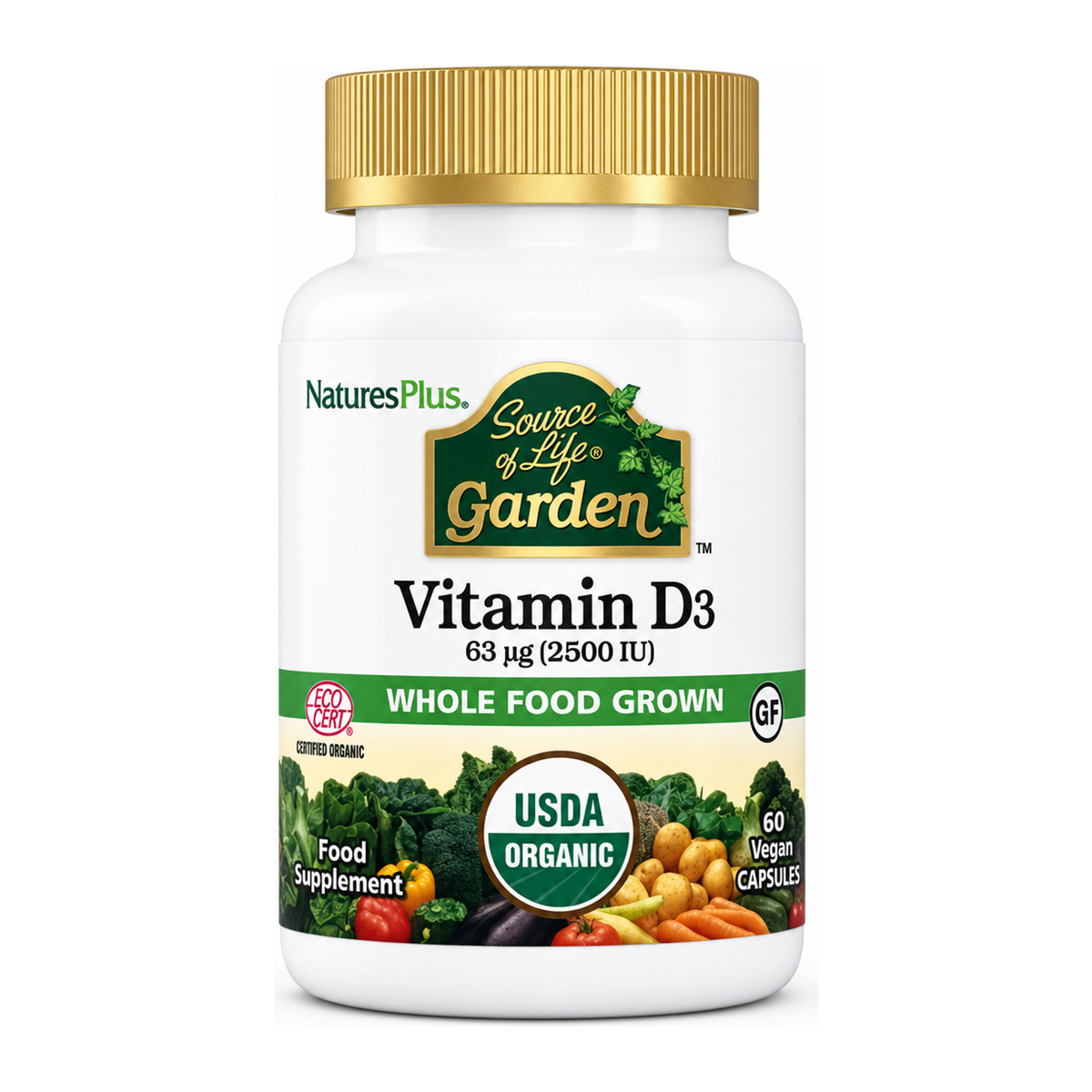 Natures Plus SOL Garden Vit D3 2500 IU by NaturesPlus Natural Remedies — front view showing product label and branding, studio product photo on white background