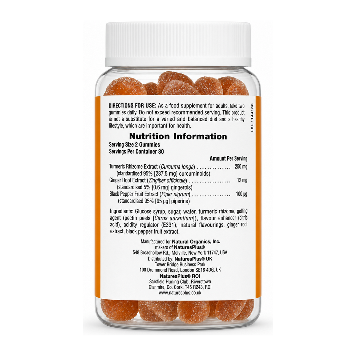 Natures Plus NP Turmeric Gummies by NaturesPlus Natural Remedies — back view showing ingredients and product details, studio product photo on white background