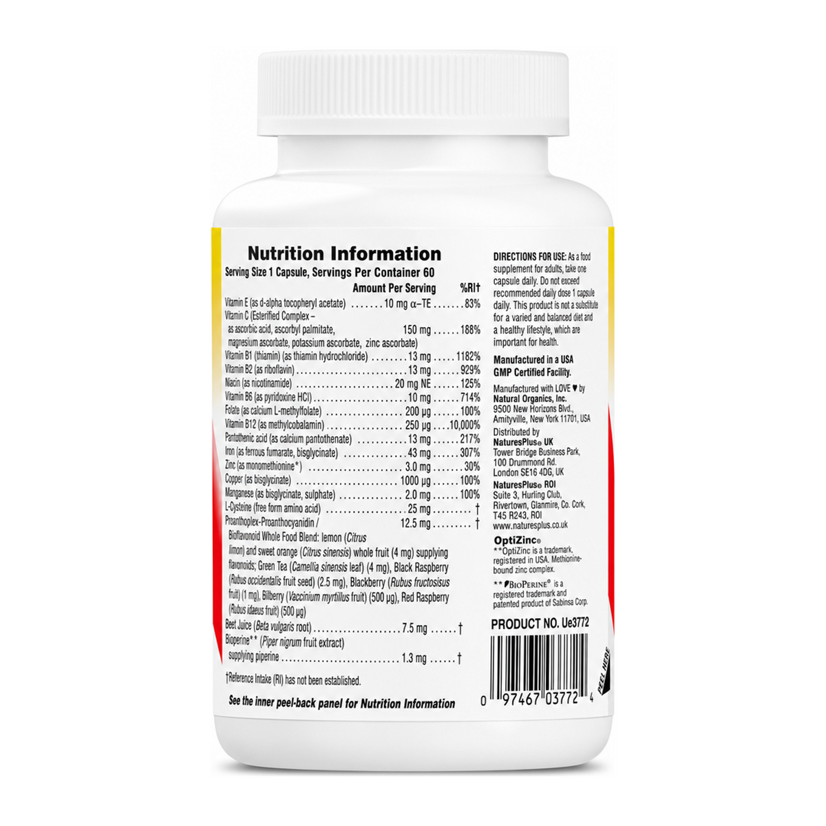 HEMA-PLEX Capsules by NaturesPlus Natural Remedies — back view showing ingredients and product details, studio product photo on white background