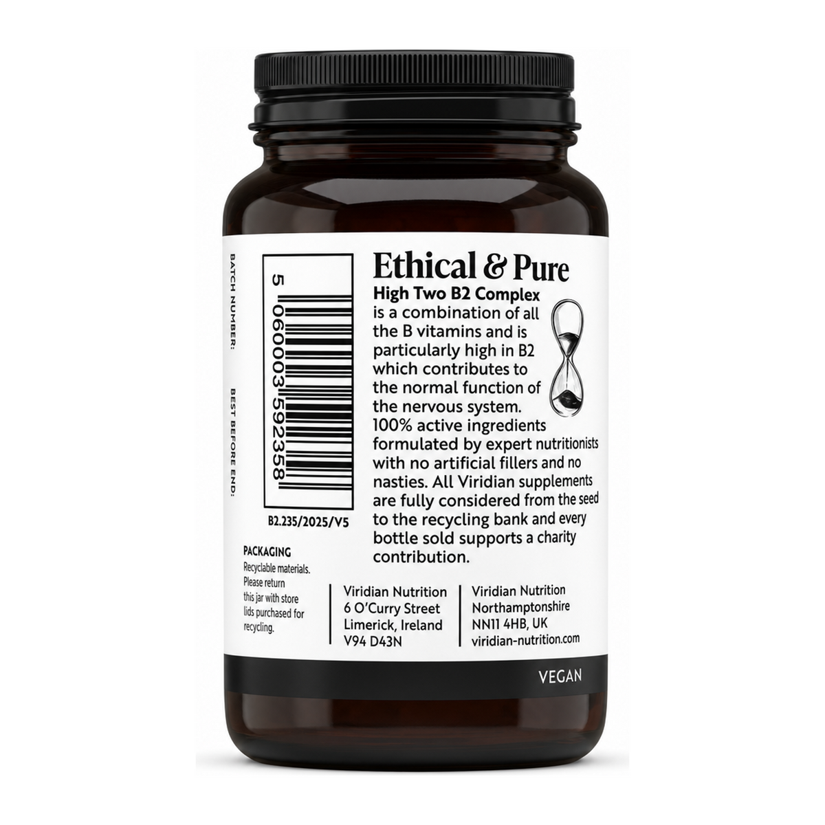 Viridian HIGH TWO B2 B Complex by Viridian Natural Remedies — back view showing ingredients and product details, studio product photo on white background