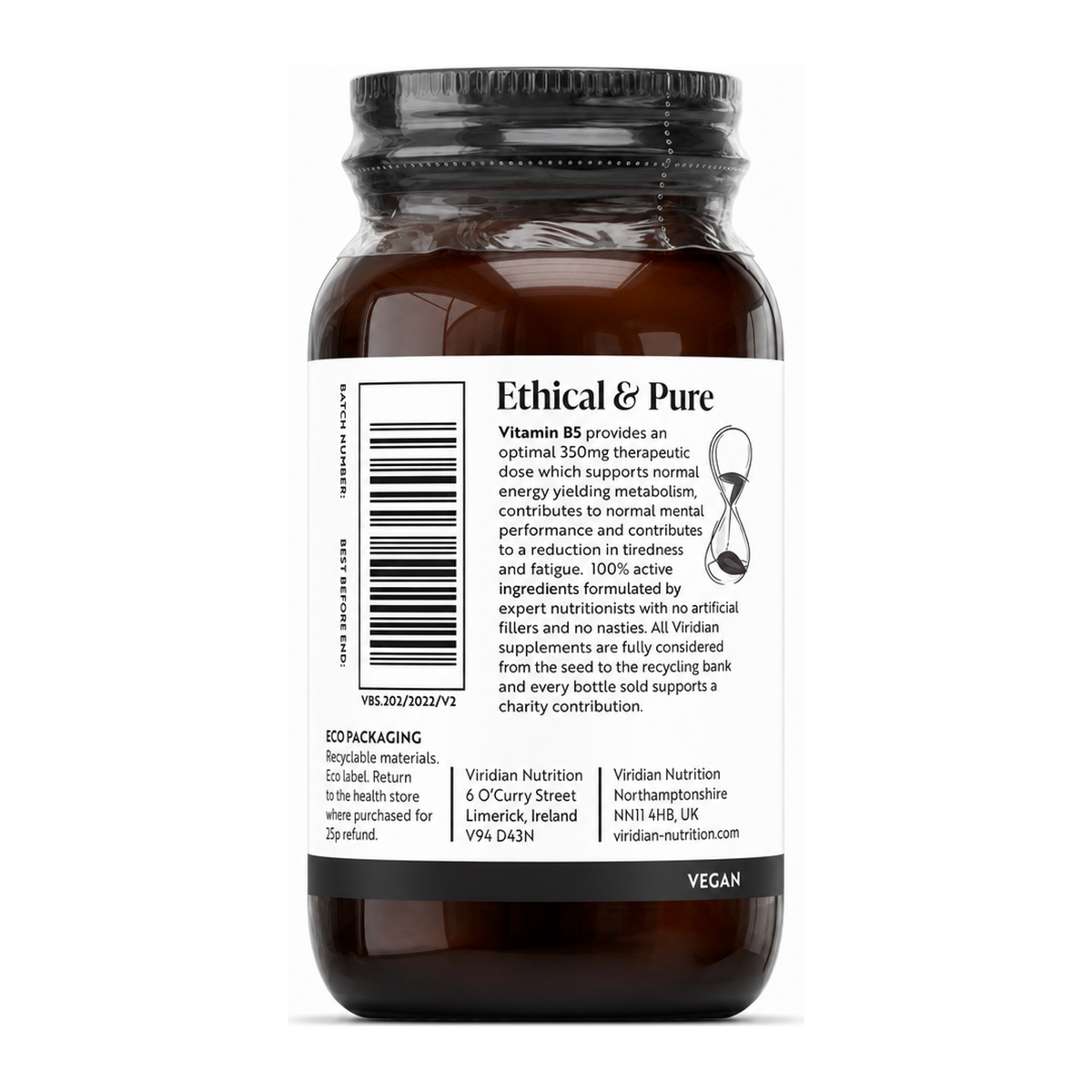 Viridian Vitamin B5 350mg by Viridian Natural Remedies — back view showing ingredients and product details, studio product photo on white background