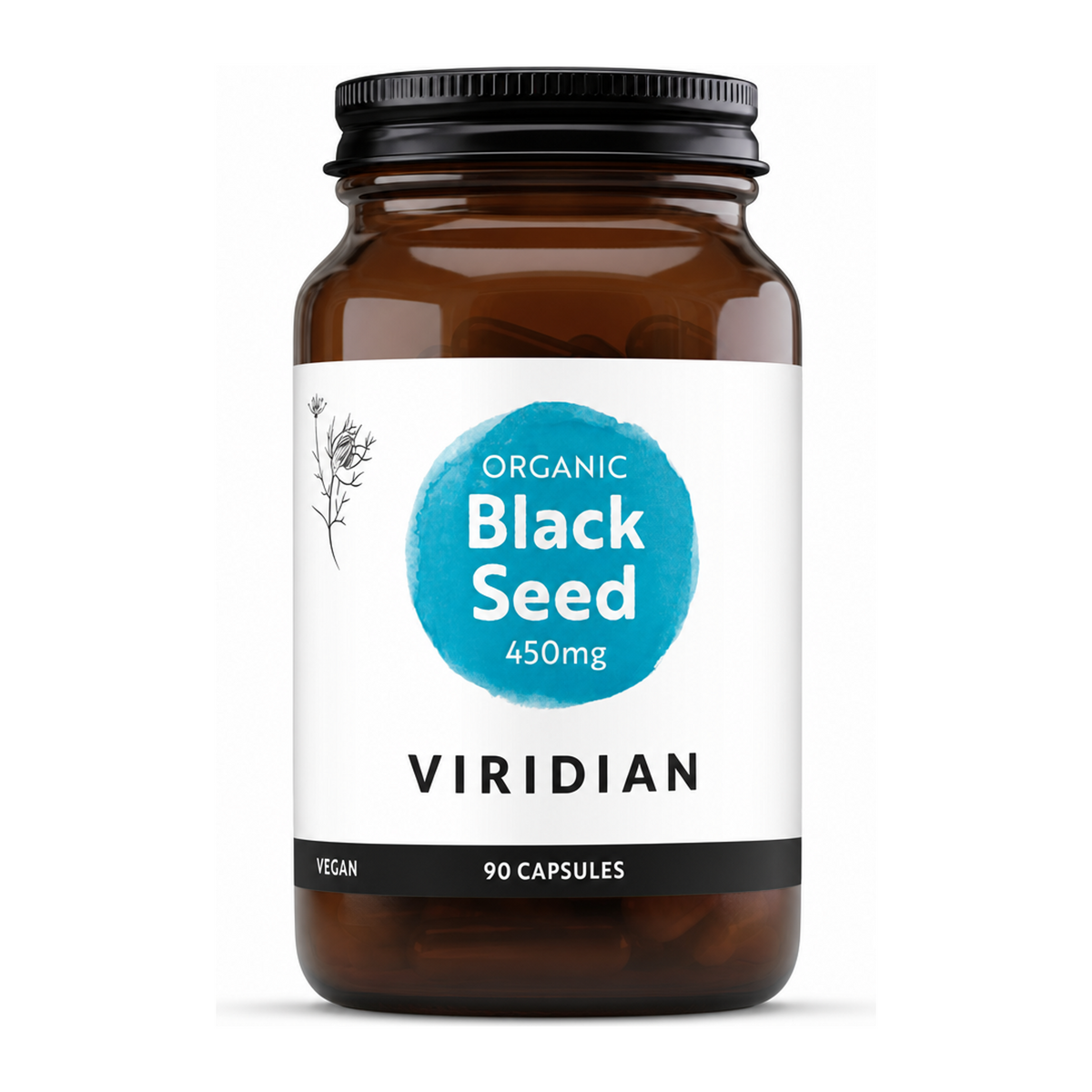 Viridian Organic Black Seed 450mg by Viridian Natural Remedies — front view showing product label and branding, studio product photo on white background