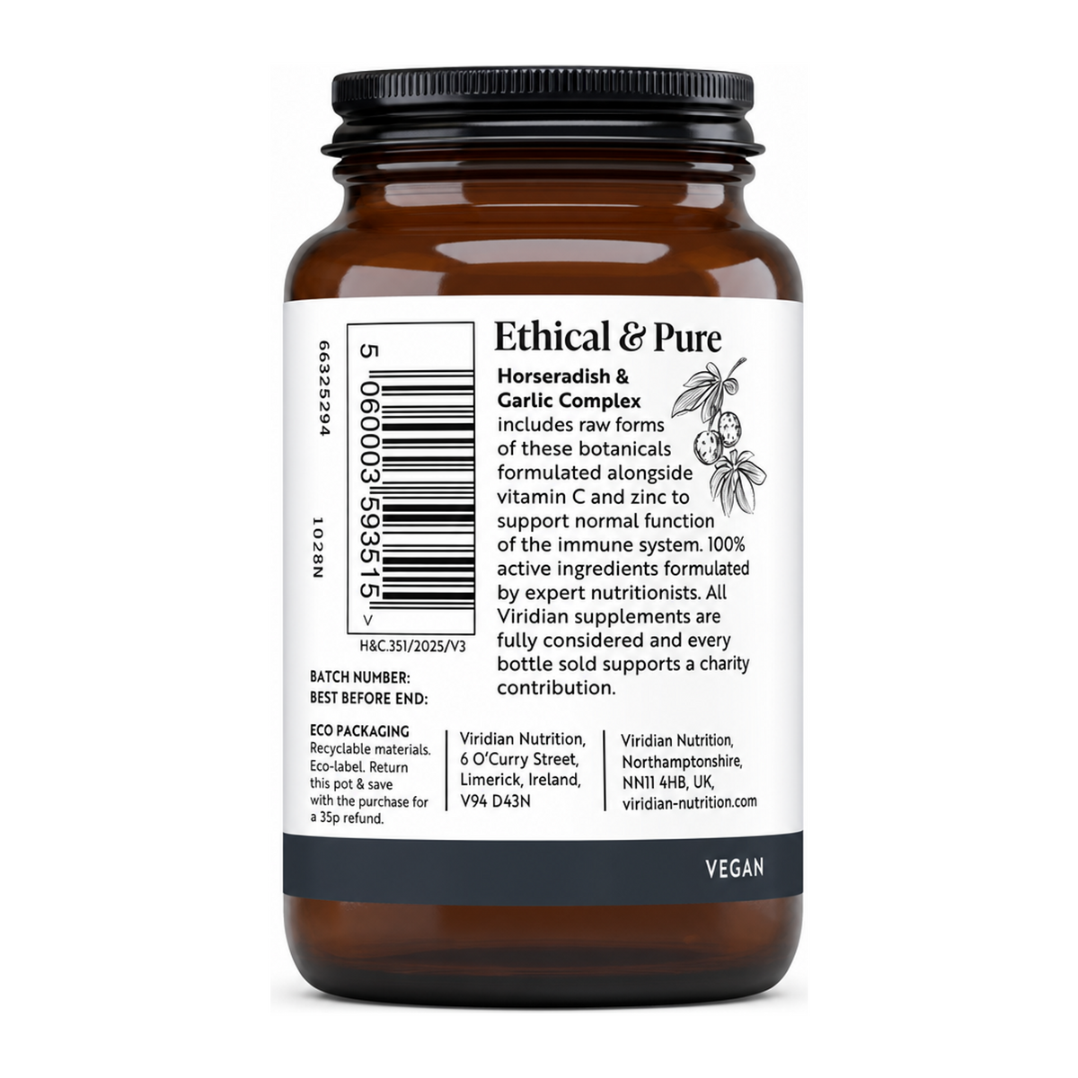 Viridian Horseradish & Garlic Complex by Viridian Natural Remedies — back view showing ingredients and product details, studio product photo on white background