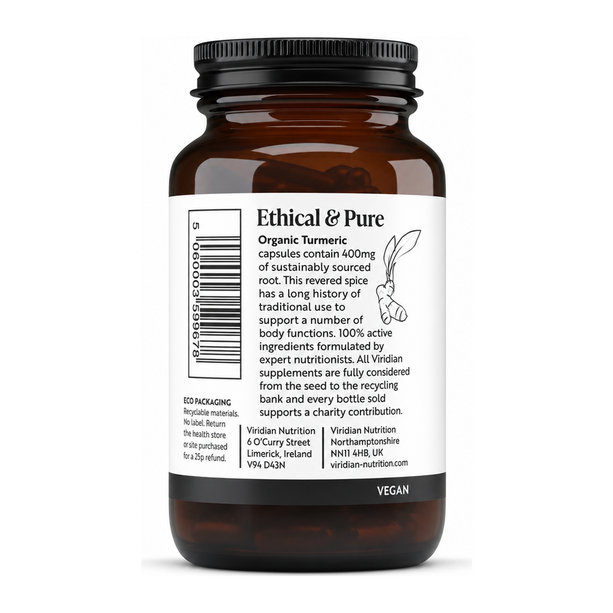 Viridian Organic Turmeric 400mg by Viridian Natural Remedies — back view showing ingredients and product details, studio product photo on white background