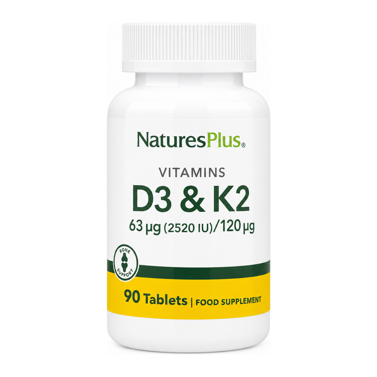Natures Plus Vit D3 (2500 IU) with K2 (120 mcg) by NaturesPlus Natural Remedies — front view showing product label and branding, studio product photo on white background