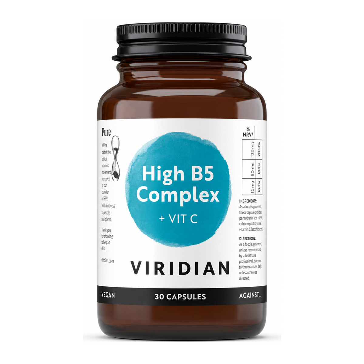 Viridian HIGH FIVE B-Complex plus Vitamin C by Viridian Natural Remedies — front view showing product label and branding, studio product photo on white background