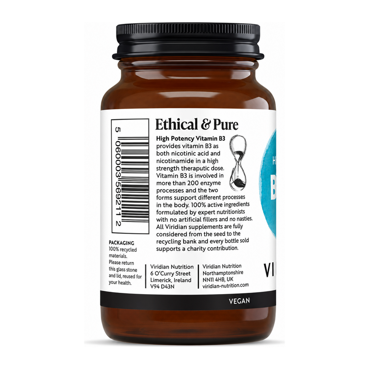 Viridian High Potency Vitamin B3 by Viridian Natural Remedies — back view showing ingredients and product details, studio product photo on white background